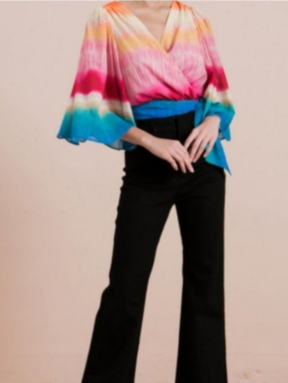 Jealoys Tomato Vibrant Multi-Color Wrap Top with Tie Waist - Picture 3 of 10